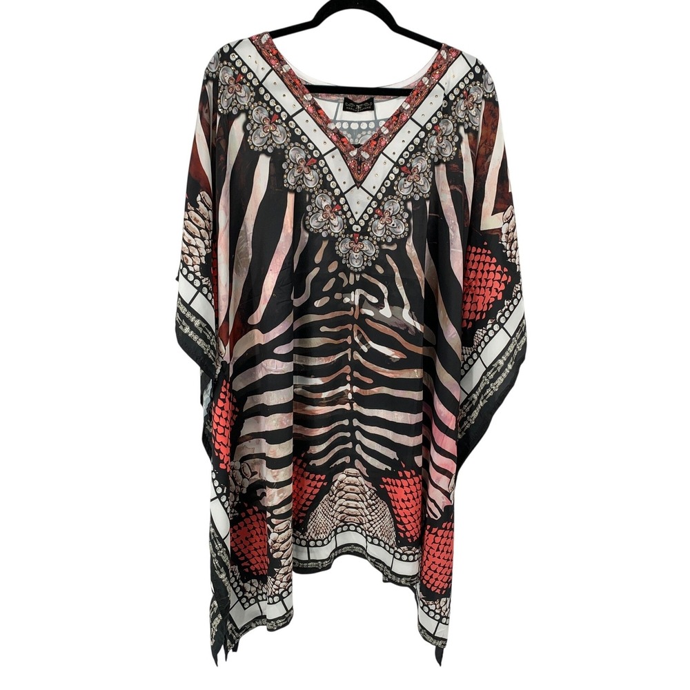 Nazila Couture Silk Blend Kaftan Top Animal Print Rhinestone One Size Black Red